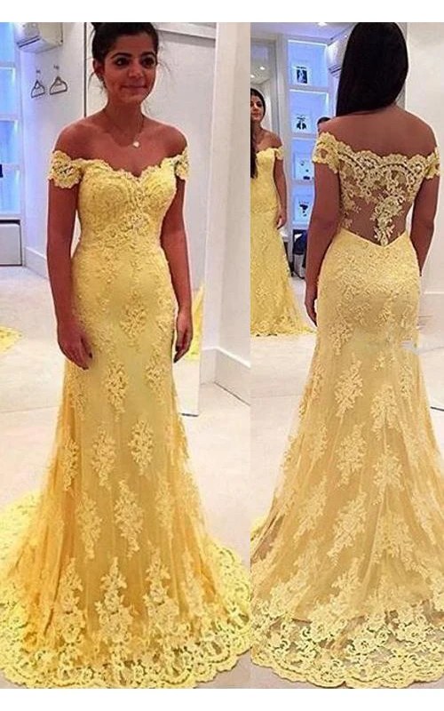 Robe de soirée sirène moderne à épaules dénudées, ornée d'appliqués de dentelle jaune