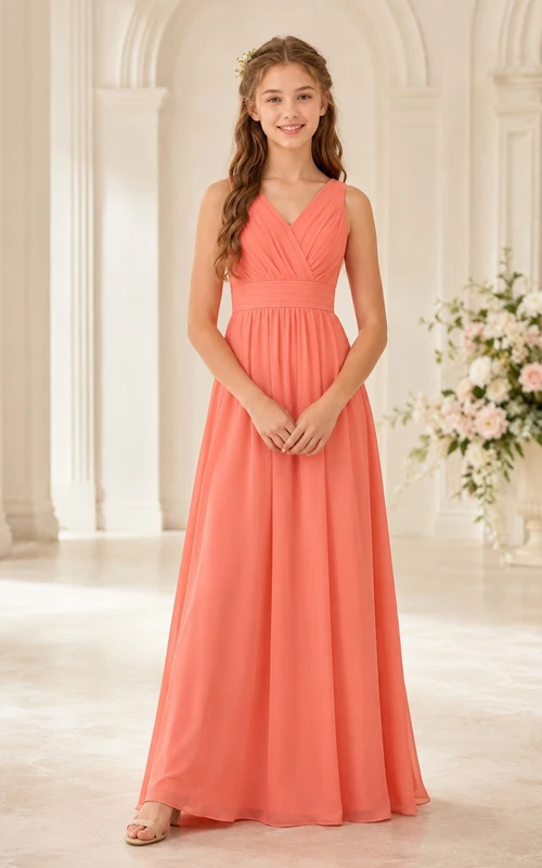 Vestido de dama de honor juvenil color coral, corte en A, largo hasta el suelo, escote en V, sin mangas, corpiño sencillo, estilo romántico.