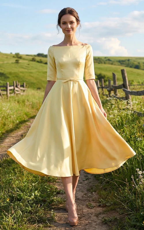 Satin-Partykleid in Teelänge mit schulterfreiem Ausschnitt