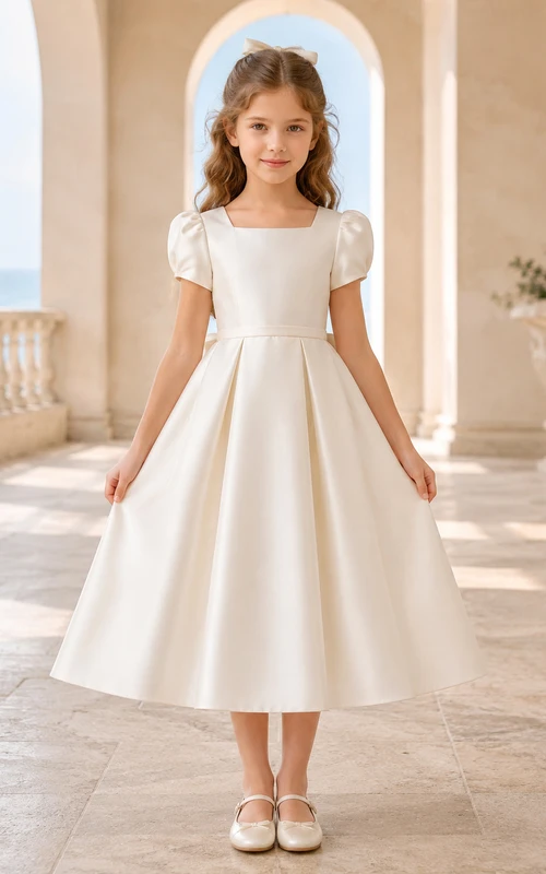 A-Line Quiet Luxury Flower Girl Dress with Puff Sleeves, Smooth Satin Bodice, Tea-Length Skirt, Rear Bow, Quiet Formal Style