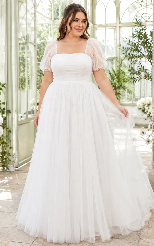 Romantic Plus Size Square Neck Puff Sleeve Tulle A Line Bridal Wedding Dress