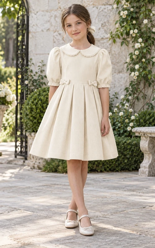 Vintage elfenbeinfarbenes Blumenmädchenkleid mit Peter-Pan-Kragen, Puffärmeln und Falten