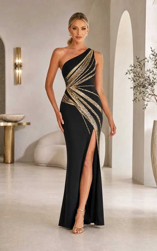 Black Gold Draped One Shoulder Split Mermaid Formal Dress