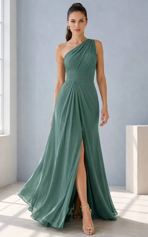 Elegant Jade One-Shoulder Pleated Chiffon A-Line Floor-Length Split Formal Bridesmaid Dress