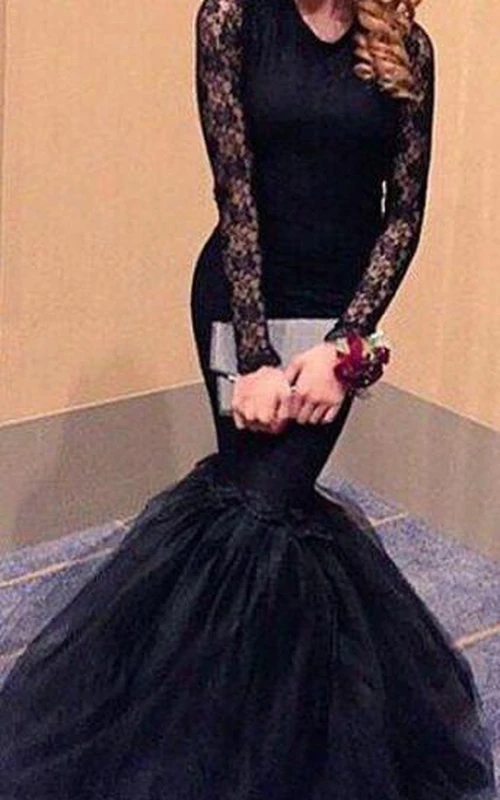 Sexy Black Lace Long Sleeve Prom Dresses Mermaid Open Back Evening Party Gowns