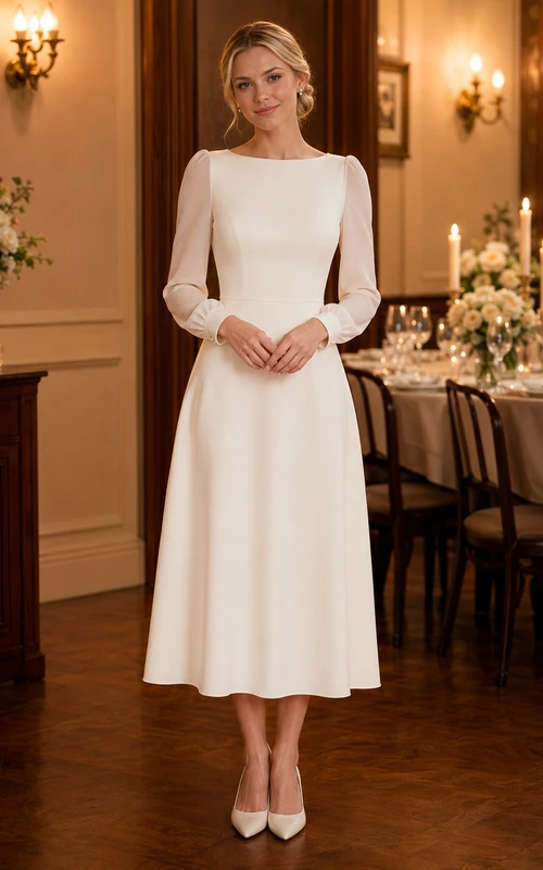 Robe de mariée midi trapèze à manches longues et col bateau discret