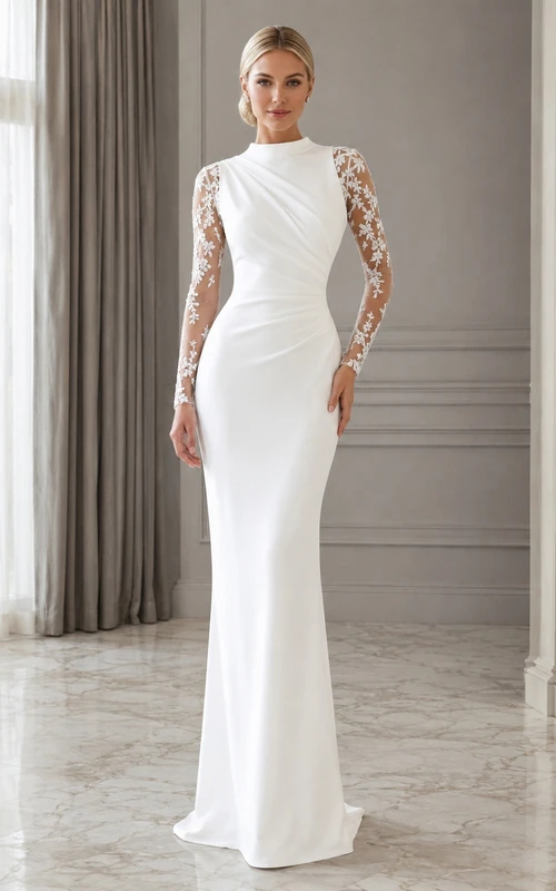 Modest White High Neck Lace Long Sleeve Satin Mermaid Floor-Length Gown