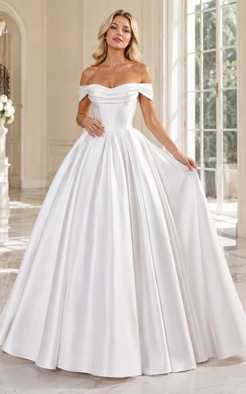 Elegante vestido de fiesta blanco de satén plisado con hombros descubiertos, estilo debutante.