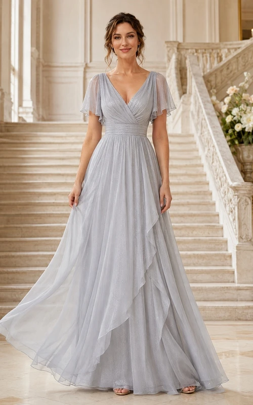 Vestido de dama de honor largo hasta el suelo, de gasa, corte en A, manga corta y escote en V, color gris acero.