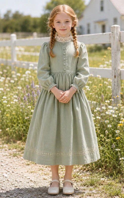 Salbeigrünes Satin-Blumenmädchenkleid in A-Linie, langärmelig, mit Rundhalsausschnitt, teelang, plissiert