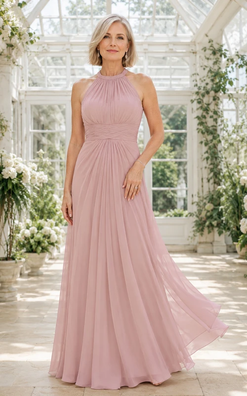 Elegantes, bodenlanges Chiffonkleid in A-Linie in Altrosa mit gerafftem Neckholder-Ausschnitt, natürlicher Taille und offenem Rücken – perfekt für die Mutter der Braut.