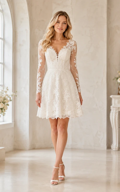 Romantic Short V-Neck Long Lace Sleeve A-Line Vintage Wedding Dress