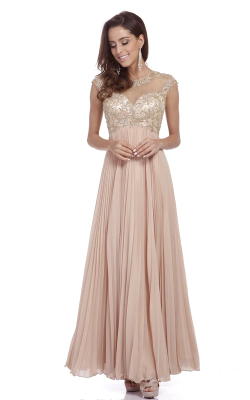 A-Linien-Chiffonkleid in Knöchellänge mit Rundhalsausschnitt, kurzen Ärmeln, Empire-Stil, Illusion-Effekt, Perlenstickerei und Falten