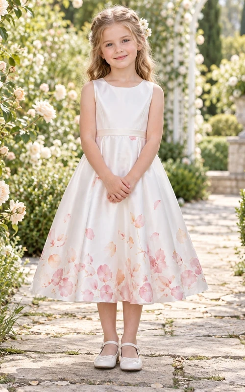 Tea-length White Floral Sleeveless Jewel Neck Watercolor Satin Flower Girl Dress