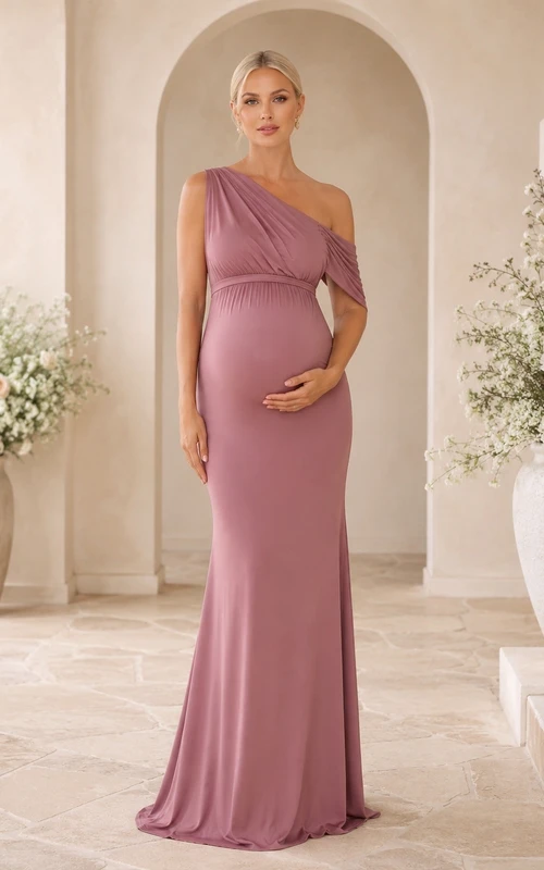 Vestido de maternidad largo hasta el suelo, estilo sirena, de satén drapeado, jersey elástico color malva vintage, un solo hombro y sin mangas.