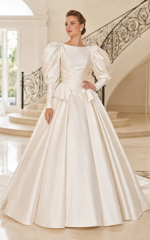 Vestido de novia vintage elegante y modesto de manga larga con cuello alto y corte en A, de satén blanco.