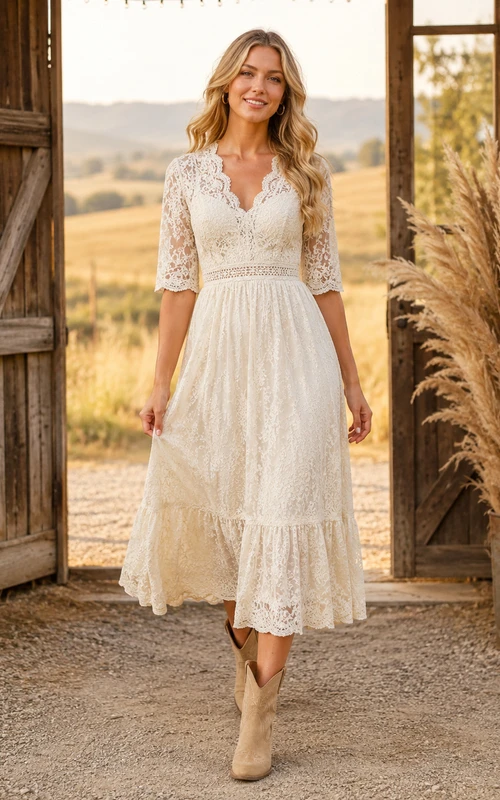 Lace Three Quarter Sleeve Country Reception Midi Dress