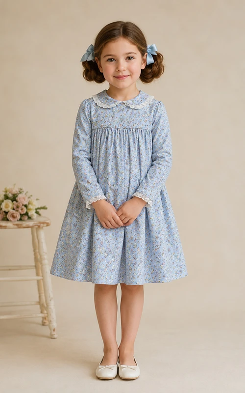 Vestido de niña de flores de gasa azul cielo con corte en A, manga larga sencilla, escote joya y falda hasta la rodilla con pliegues suaves.