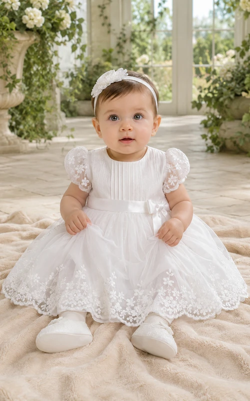 Embroidered Lace Sleeve Baby Christening A-Line Puff Sleeve Dress Romantic Adorable Tulle