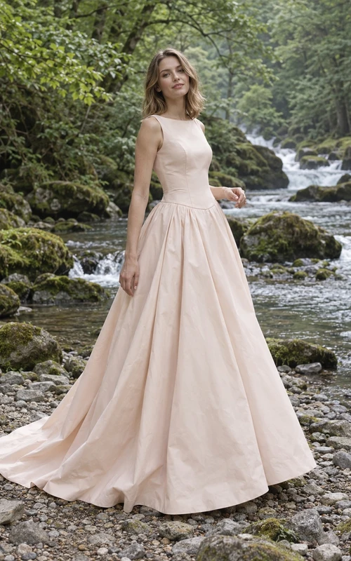 Schlichtes, dezentes, rosafarbenes Brautkleid mit hohem Kragen, ärmellos, plissiert und in A-Linie
