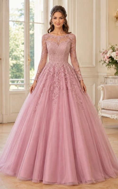 Dusty Rose Lace Long Sleeve Vintage Ball Gown