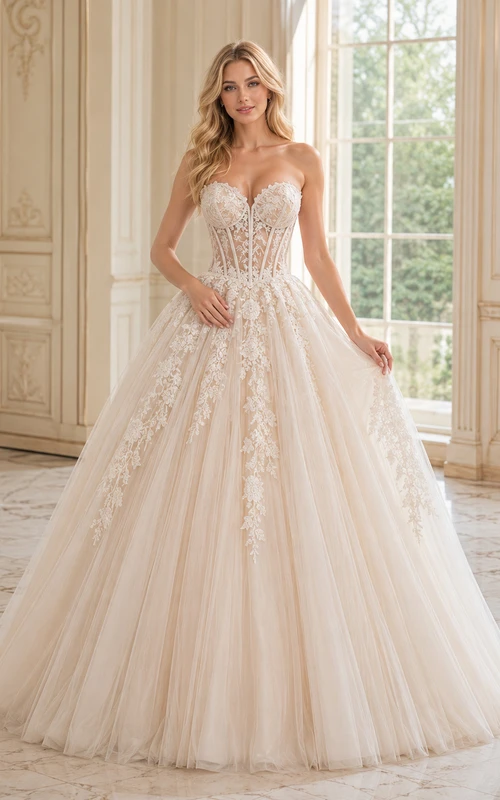 Vestido de fiesta romántico largo hasta el suelo, color marfil, sin tirantes, con escote corazón, con varillas, encaje floral y tul.