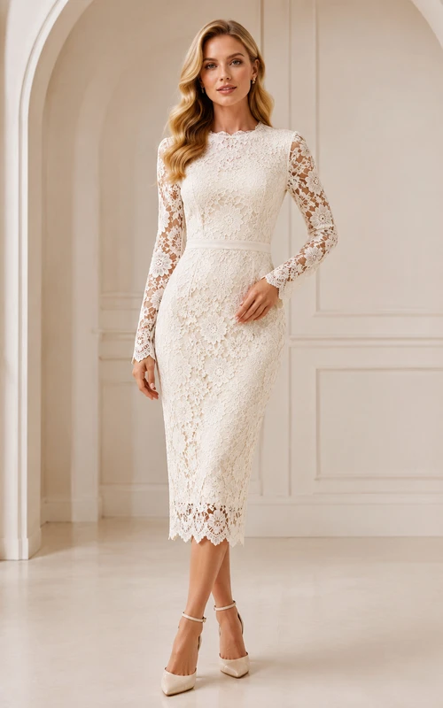 Robe de mariée fourreau à manches longues et col montant en dentelle illusion, style modeste, coupe thé