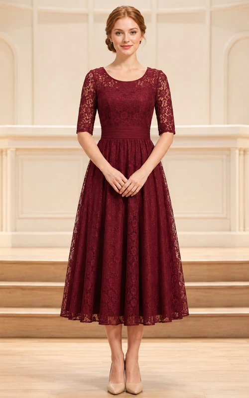 Burgundy lace three quarter sleeve choir concert midi dress