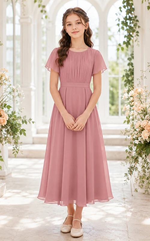 Romantisches, altrosafarbenes Chiffon-Brautjungfernkleid mit kurzen Ärmeln, Strasssteinen und A-Linien-Schnitt in Teelänge