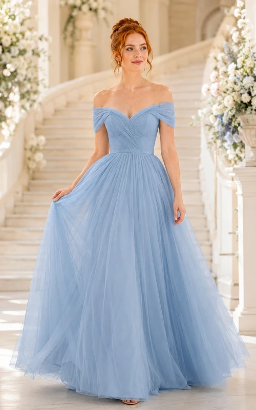 Sky Blue Tulle Off Shoulder Short Sleeve Ball Gown Floor Length Prom Dress