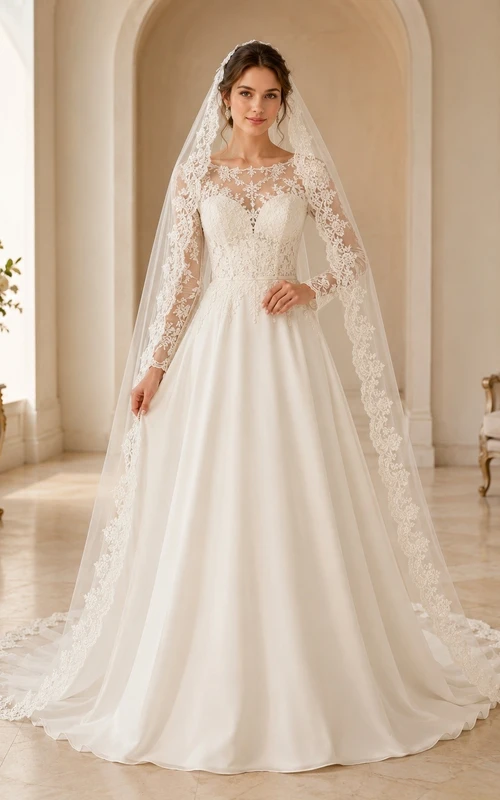 Vestido de novia de encaje con cola larga y corte en A