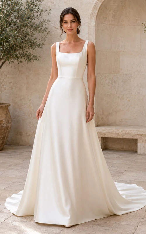 Satin Wedding Dress A-Line Strapless Sweep Train Bridal Gown