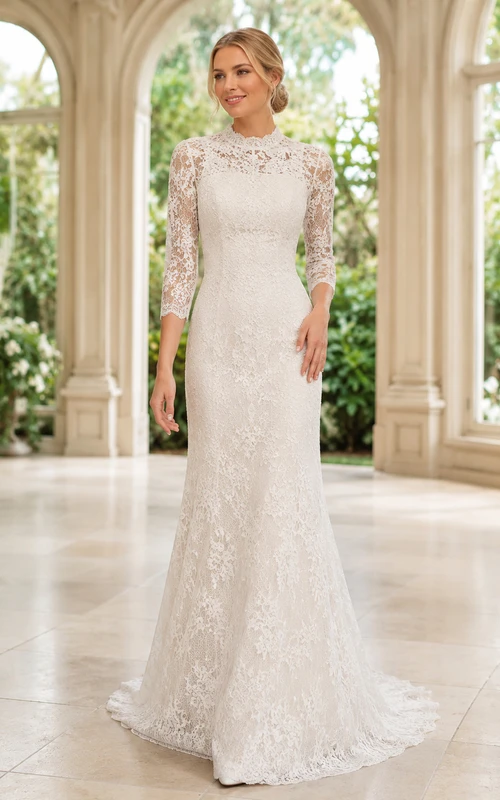 Robe de mariée modeste en dentelle et tulle, coupe sirène, col montant, manches longues et traîne chapelle