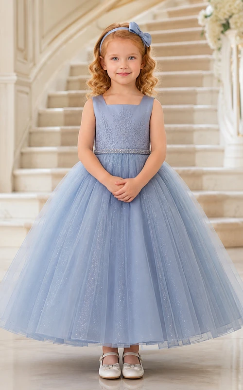 Steel Blue Formal Tulle Ball Gown Flower Girl Floor-Length Square Neck Luxury Dress