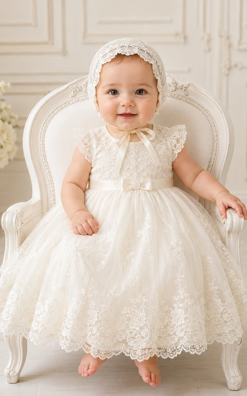 Baby Baptism Christening Ceremony Dress A-Line Knee-Length Jewel Neck Cap Sleeve Tulle Lace Bow Back Button Back