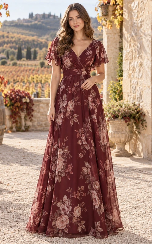 Burgunderfarbenes, bodenlanges Chiffon-Brautjungfernkleid mit floralem Muster, V-Ausschnitt, flatternden Ärmeln und Herbstmotiv