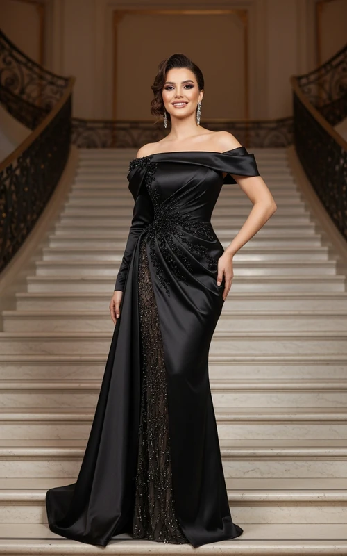 Glamouröses, perlenbesetztes Satin-Abendkleid