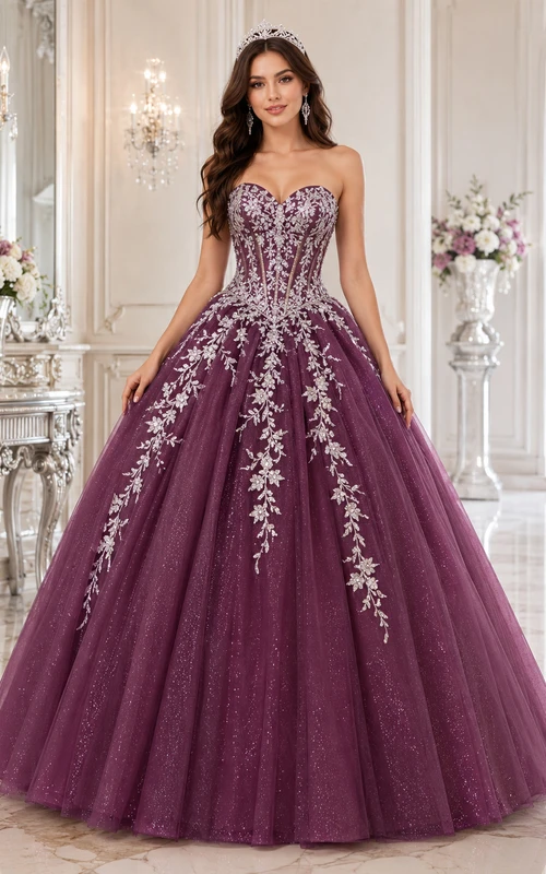 Vestido de gala formal de princesa para quinceañera, color ciruela, de lujo, sin tirantes, escote corazón, con brillo, color plata ciruela.