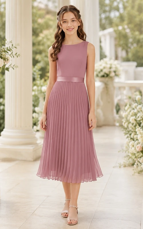 Vintage-Brautjungfernkleid in Mauve, A-Linie, mit Schmucksteinen, ärmellos, plissiert