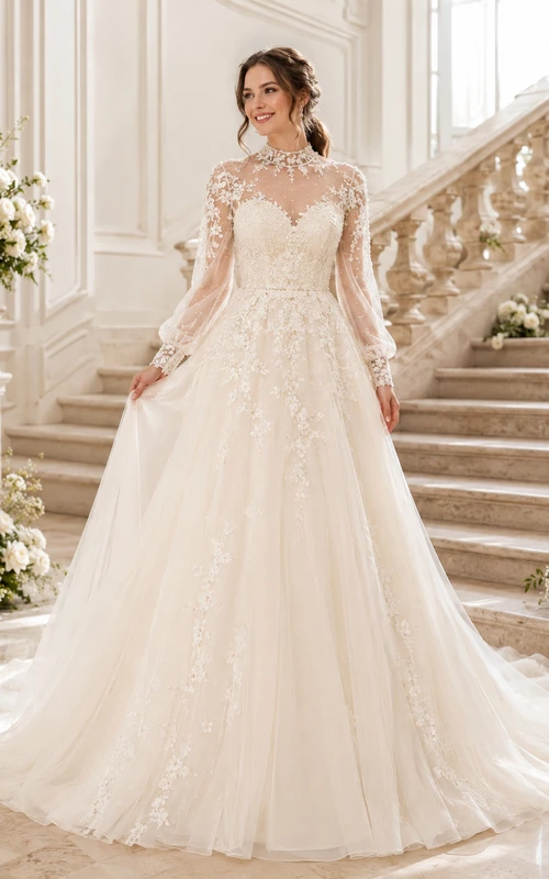 Robe de mariée de luxe en dentelle à col montant, manches trois-quarts illusion et traîne chapelle
