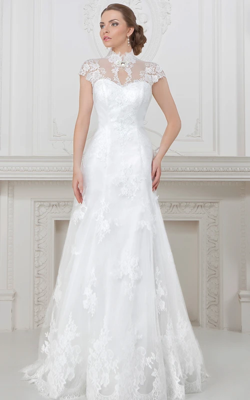 A-Linien-Maxi-Brautkleid mit kurzen Ärmeln, hohem Kragen, Spitze und Korsettschnürung am Rücken