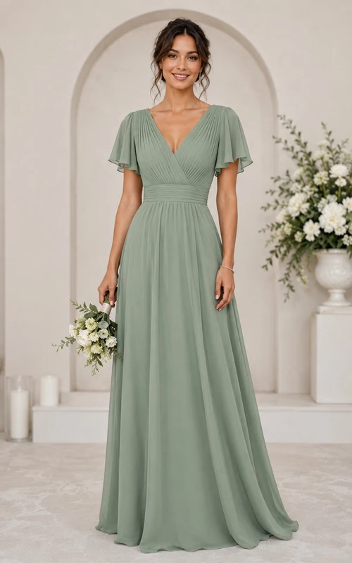 Sage A-Line Chiffon V-Neck Bridesmaid Dress with Flutter Sleeves