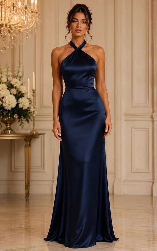 Vestido tubo de satén azul marino oscuro con escote halter cruzado