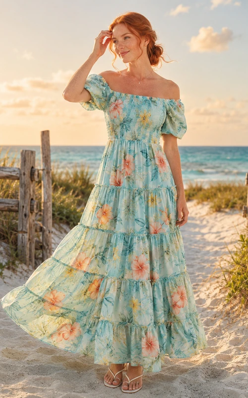 Aqua Caribbean Floral Off Shoulder Tiered Chiffon Maxi Guest Dress