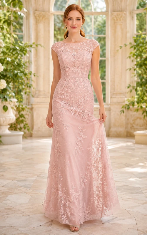Evening Gown Blush Lace Sheath Bateau Neck Short Sleeve Floor Length