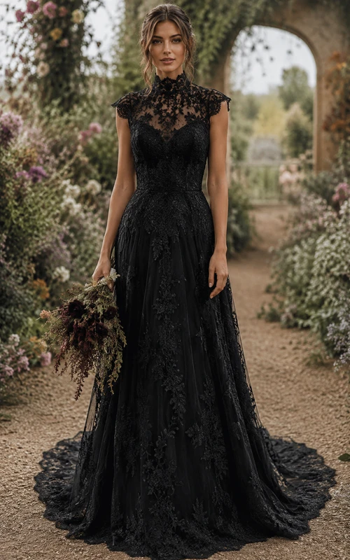 Vestido de novia negro de corte A con cuello alto y mangas cortas de encaje