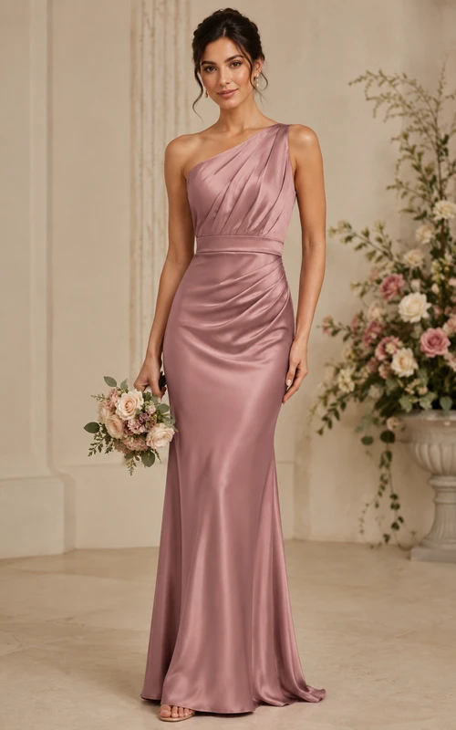 Robe de demoiselle d'honneur sirène en satin rose poudré à une épaule