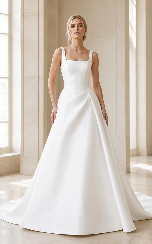 Robe de mariée sculpturale en satin, bretelles carrées, sans manches, coupe trapèze, traîne courte, plissée, style années 80