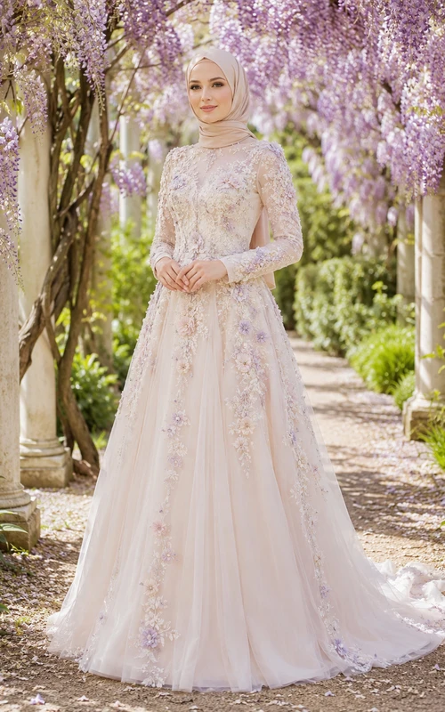 Modest Muslim Floral Lace Long Sleeve Chapel Train Wedding Dress