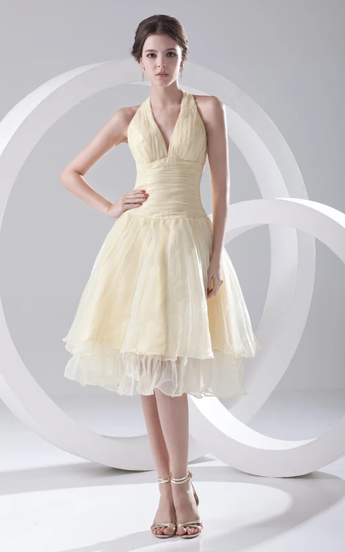 Robe courte en organza à col en V, plissée et fermeture éclair au dos